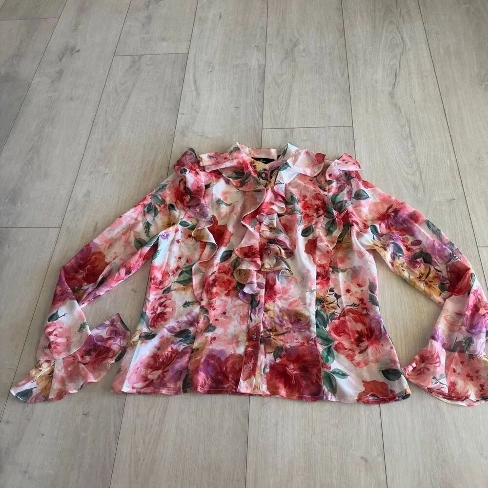 Lulus Flourishing Babe Pink Floral Ruffled Long Sleeve Button-Up Top size M